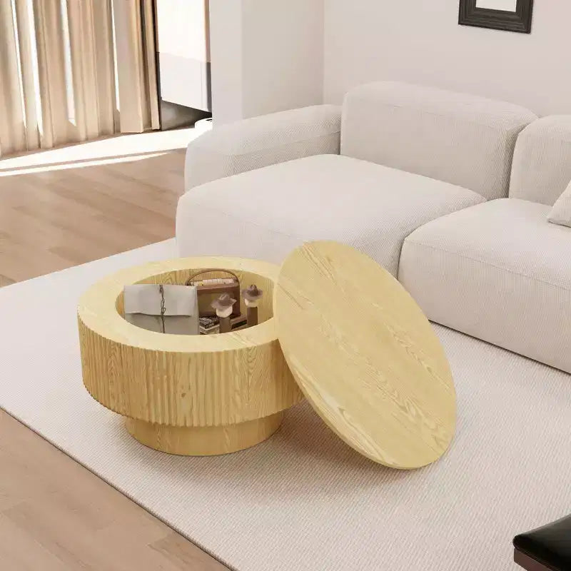 Tavolino rotondo in MDF con motivo a strisce circolari e vano portaoggetti – 41,1 cm H x 75 cm diametro, marrone