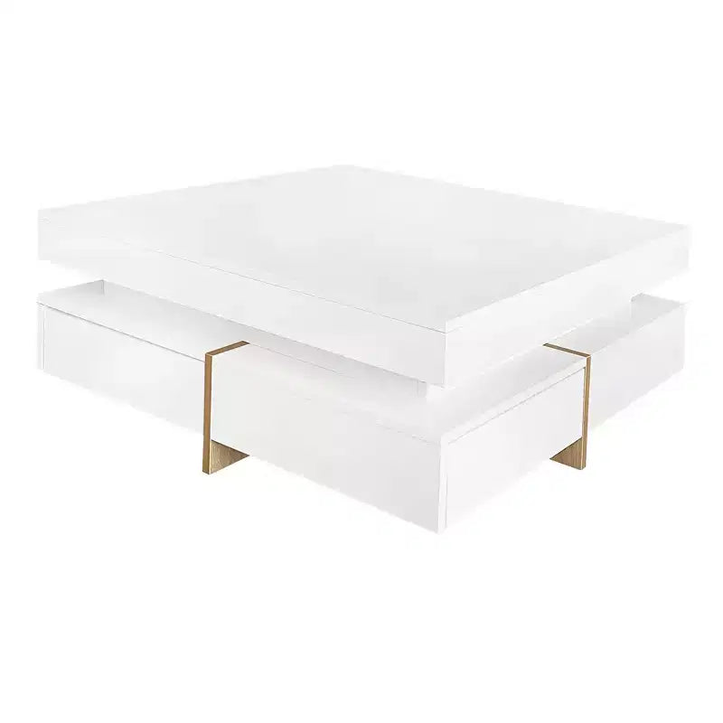 Tavolino quadrato lucido con 4 cassetti – H 34,8 cm x L 80 cm x P 80 cm, Bianco, Truciolato