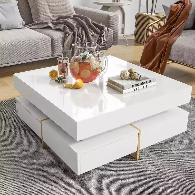 Tavolino quadrato lucido con 4 cassetti – H 34,8 cm x L 80 cm x P 80 cm, Bianco, Truciolato