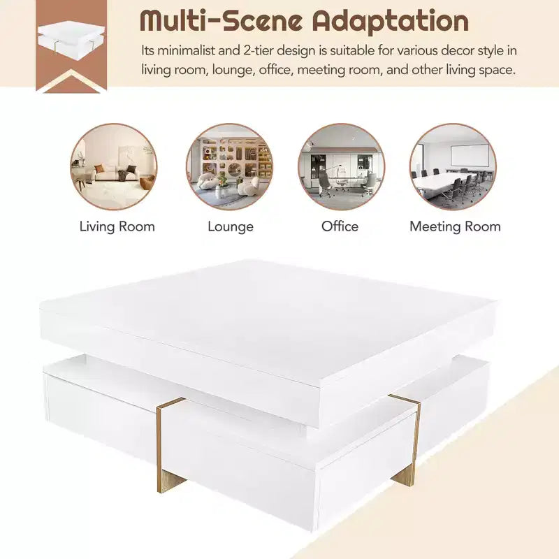 Tavolino quadrato lucido con 4 cassetti – H 34,8 cm x L 80 cm x P 80 cm, Bianco, Truciolato