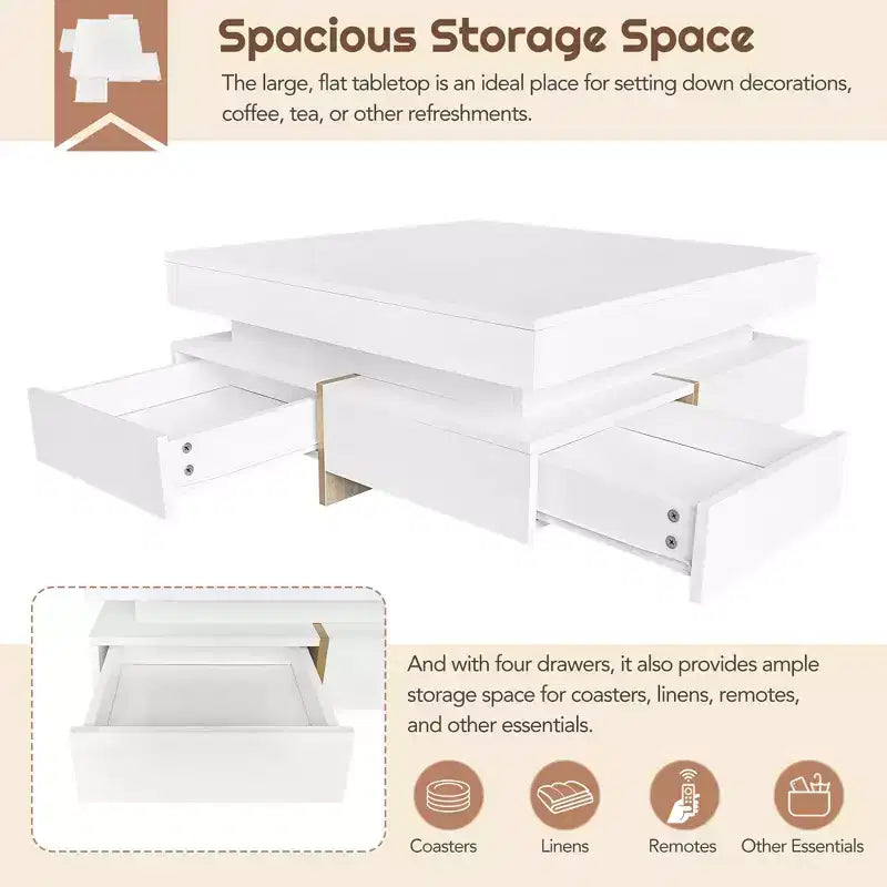 Tavolino quadrato lucido con 4 cassetti – H 34,8 cm x L 80 cm x P 80 cm, Bianco, Truciolato