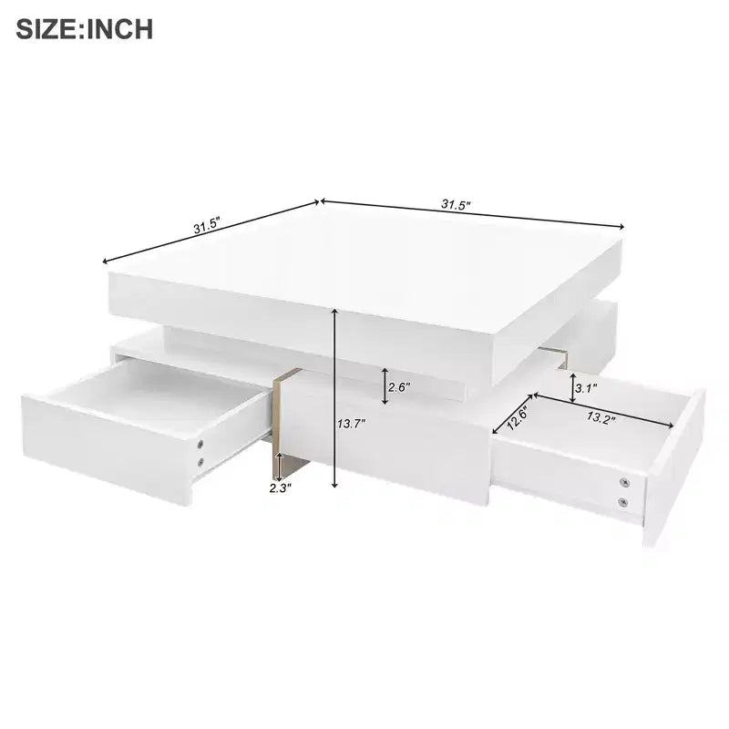 Tavolino quadrato lucido con 4 cassetti – H 34,8 cm x L 80 cm x P 80 cm, Bianco, Truciolato