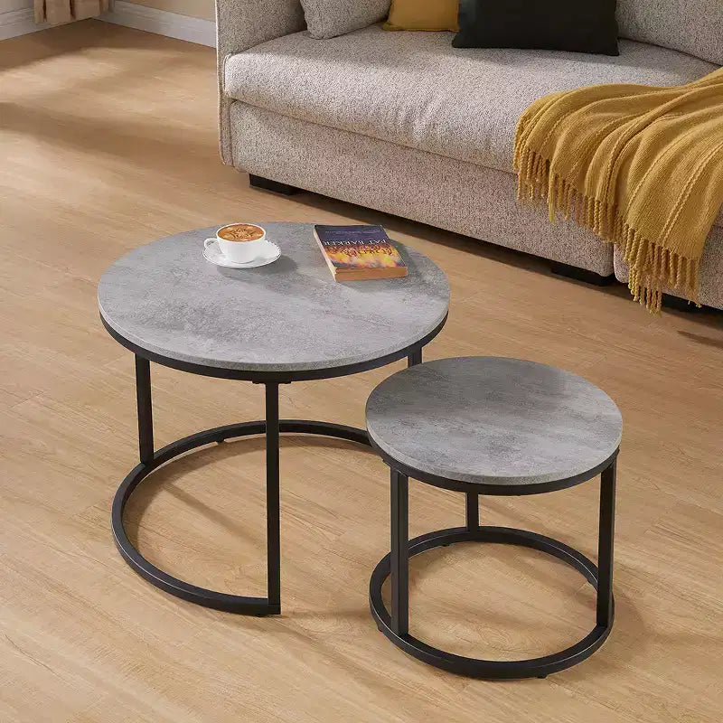 Fun little toys brand 24 Round Nesting Table, Accent Coffee Table, Grey Faux Concrete Wood Finish, Space-Saving, Modern Industrial Style