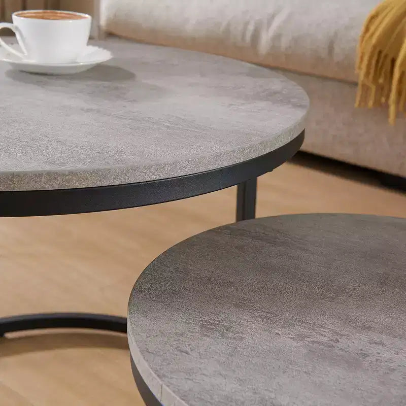 Tavolino da caffè rotondo con nido, 60 cm, finitura effetto cemento grigio – Stile industriale moderno