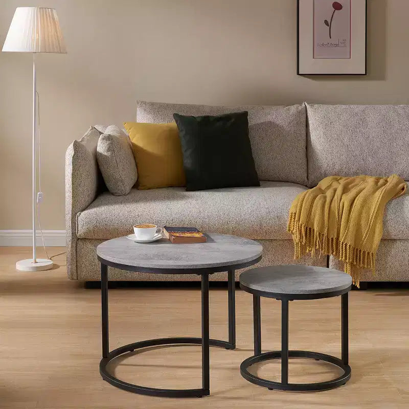 Tavolino da caffè rotondo con nido, 60 cm, finitura effetto cemento grigio – Stile industriale moderno