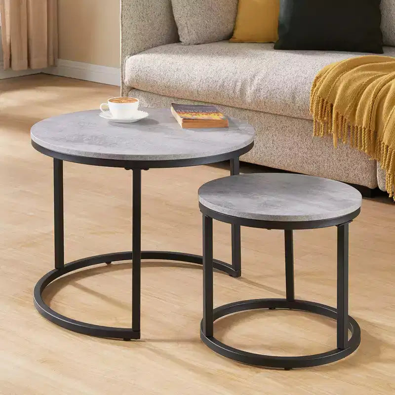 Tavolino da caffè rotondo con nido, 60 cm, finitura effetto cemento grigio – Stile industriale moderno