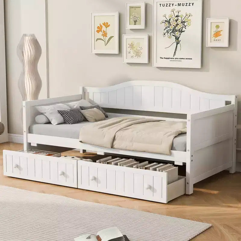 Divano Letto Singolo in Legno con 2 Cassetti Contenitore Sottostanti – Bianco