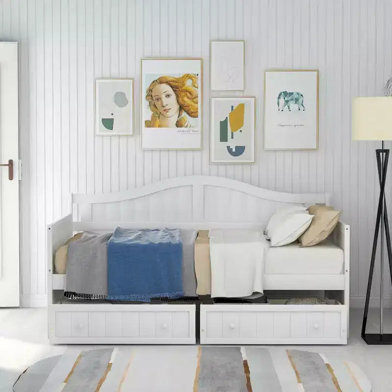 Divano Letto Singolo in Legno con 2 Cassetti Contenitore Sottostanti – Bianco