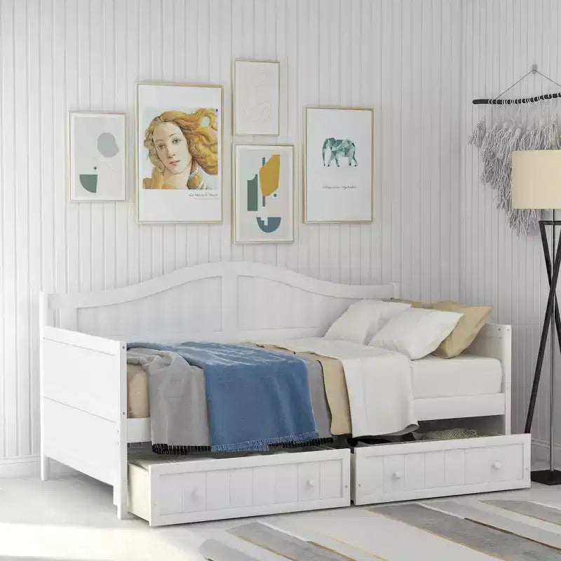 Divano Letto Singolo in Legno con 2 Cassetti Contenitore Sottostanti – Bianco