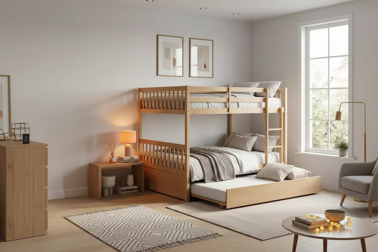 Whisen Full Over Full Bunk Bed,Wood Kids Rubber Wood Frame, Indoor Bedroom Furniture, Convertible to 2 Separate Beds, Pull Out Trundle - Natural