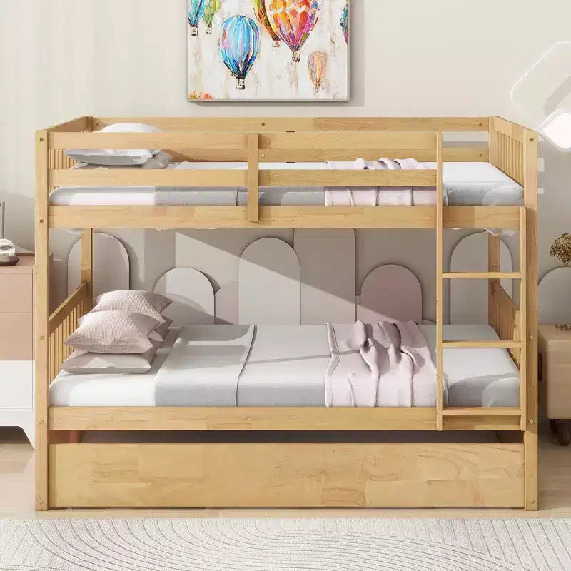 Letto a castello matrimoniale su matrimoniale, telaio in legno di caucciù, convertibile in 2 letti singoli, letto estraibile a rotelle - Finitura naturale