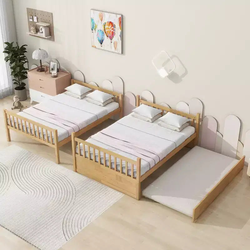 Letto a castello matrimoniale su matrimoniale, telaio in legno di caucciù, convertibile in 2 letti singoli, letto estraibile a rotelle - Finitura naturale