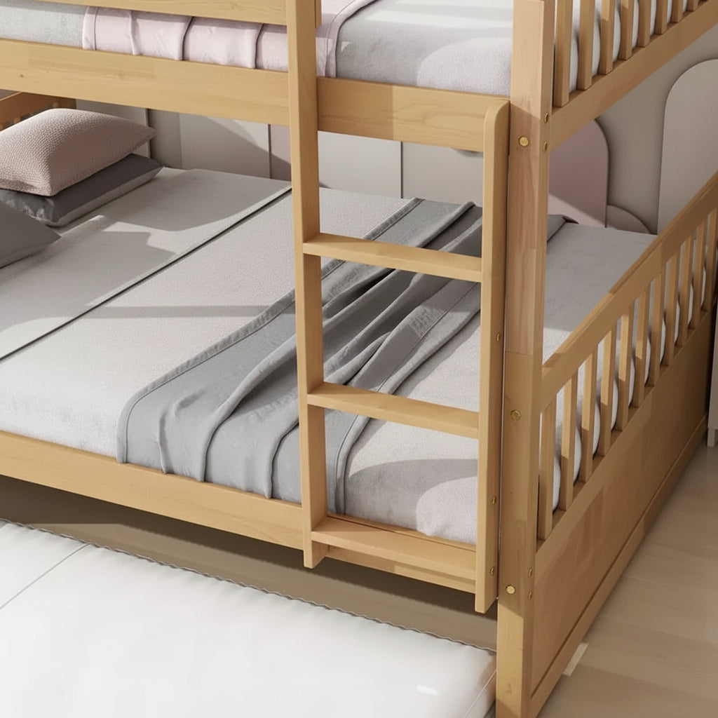 Letto a castello matrimoniale su matrimoniale, telaio in legno di caucciù, convertibile in 2 letti singoli, letto estraibile a rotelle - Finitura naturale