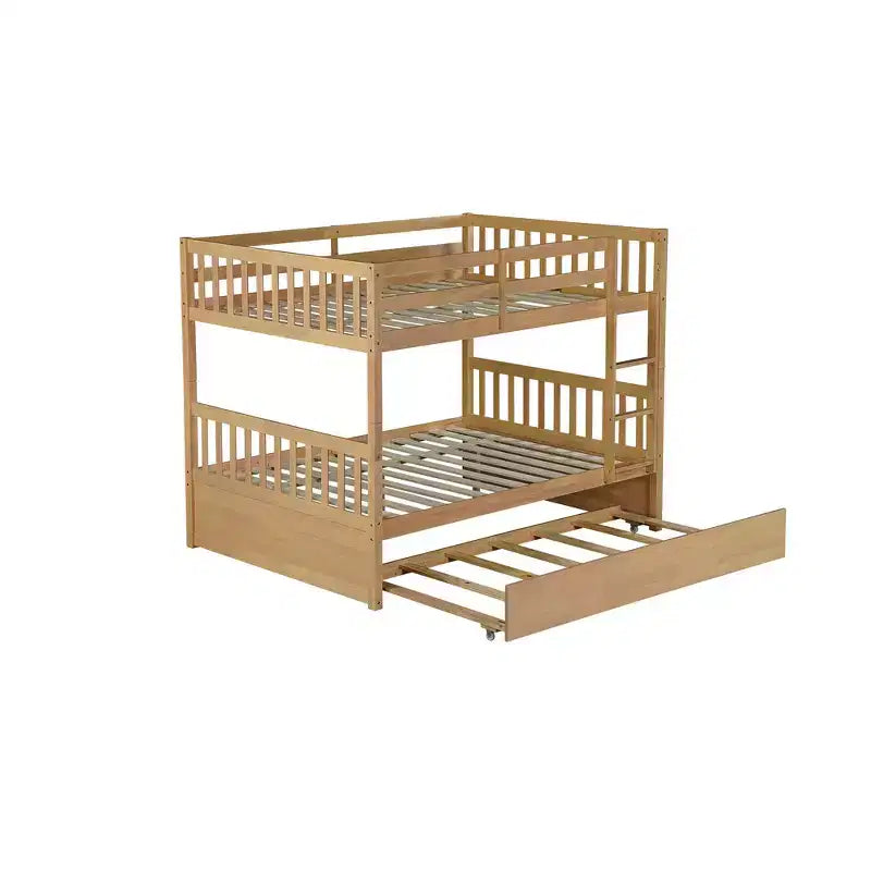 Letto a castello matrimoniale su matrimoniale, telaio in legno di caucciù, convertibile in 2 letti singoli, letto estraibile a rotelle - Finitura naturale