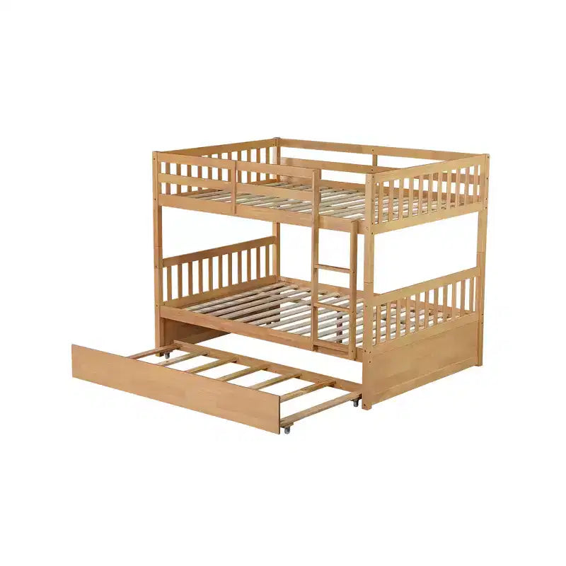 Letto a castello matrimoniale su matrimoniale, telaio in legno di caucciù, convertibile in 2 letti singoli, letto estraibile a rotelle - Finitura naturale