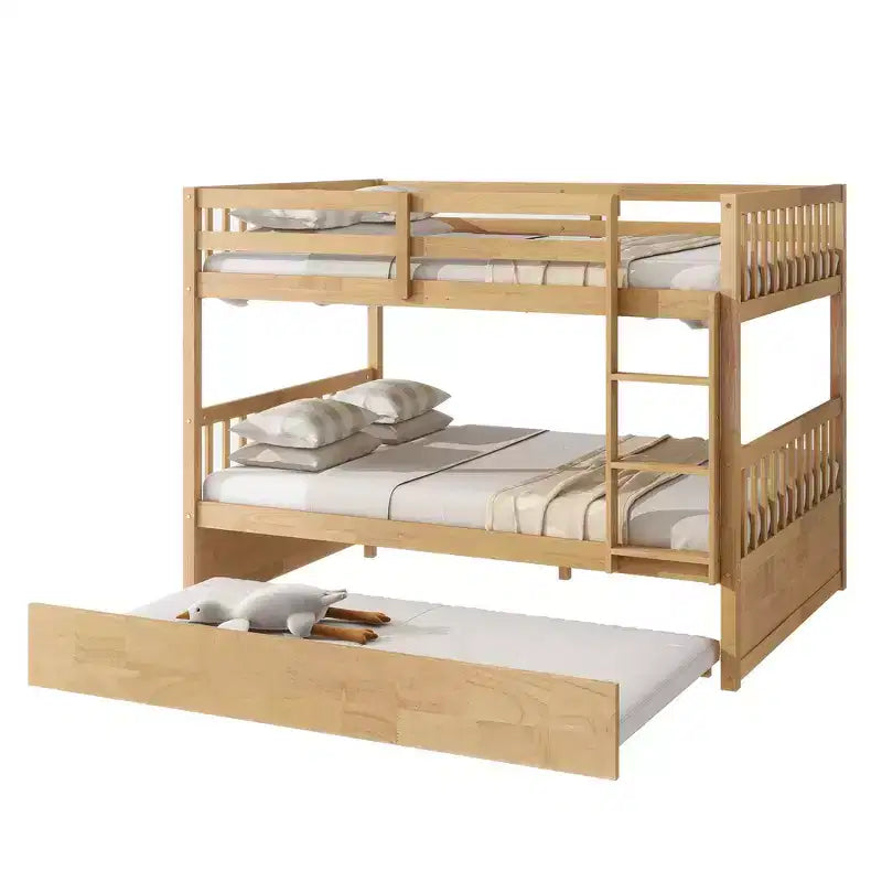 Letto a castello matrimoniale su matrimoniale, telaio in legno di caucciù, convertibile in 2 letti singoli, letto estraibile a rotelle - Finitura naturale