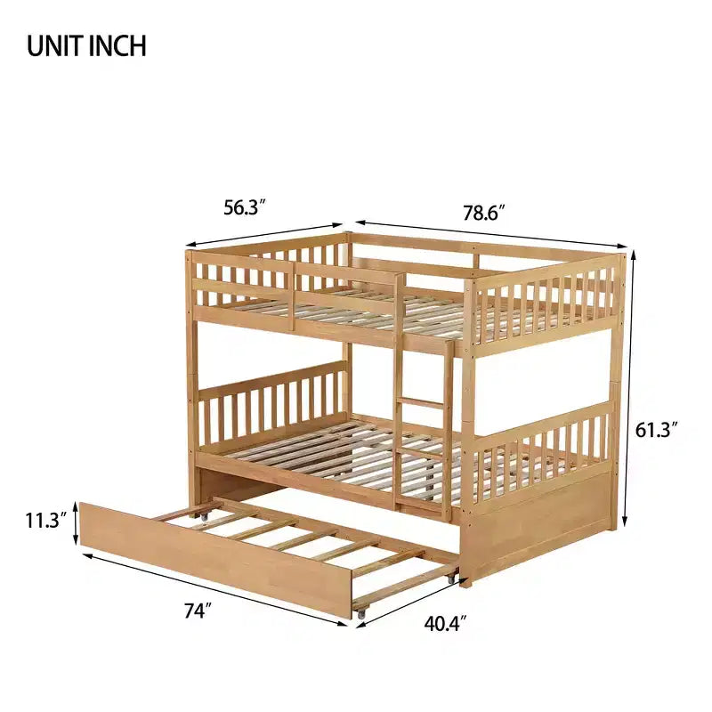 Letto a castello matrimoniale su matrimoniale, telaio in legno di caucciù, convertibile in 2 letti singoli, letto estraibile a rotelle - Finitura naturale